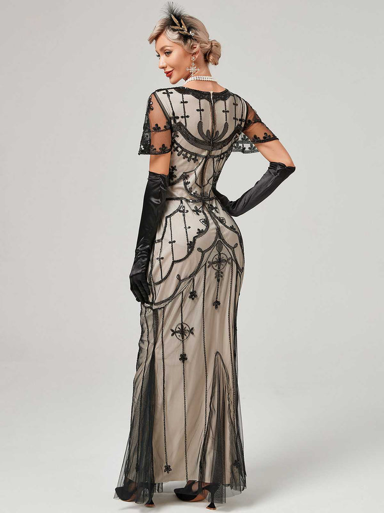 1920er V-Ausschnitt Paillettenbesetztes Mesh Meerjungfrauenkleid Formelles Kleid