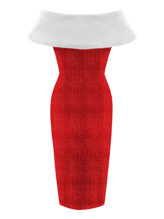 Rotes 1960er Plüschschleifen-Bleistiftkleid mit Umhang