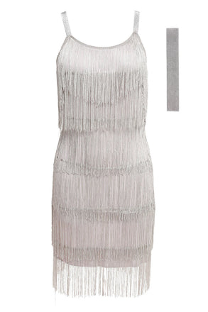 GRAU 1920ER FRINGE GROßE GATSBY KLEID MIT GÜRTEL