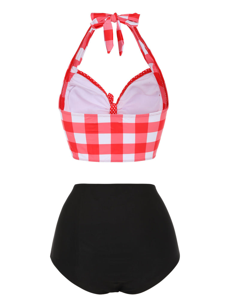 Rot 1950er Kariert Neckholder Bikini Set
