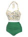 [Übergröße] Grün 1950er Blumen Halter Bikini Set