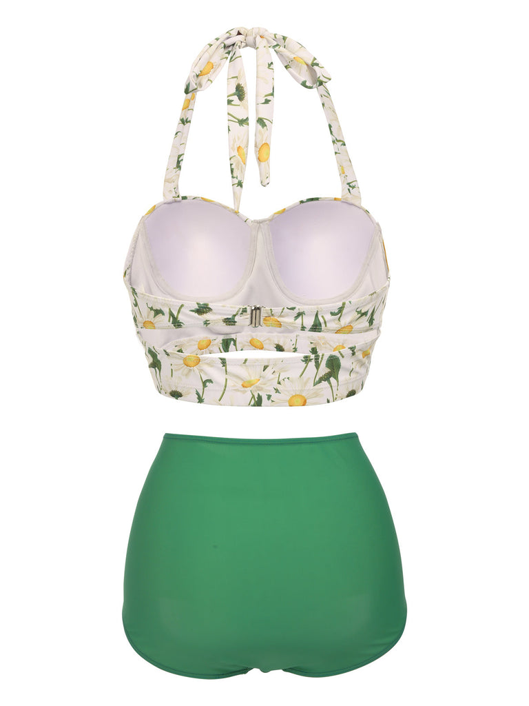 [Übergröße] Grün 1950er Blumen Halter Bikini Set
