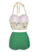 [Übergröße] Grün 1950er Blumen Halter Bikini Set