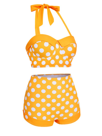 Gelb 1950er Tupfen Halter Bikini Set