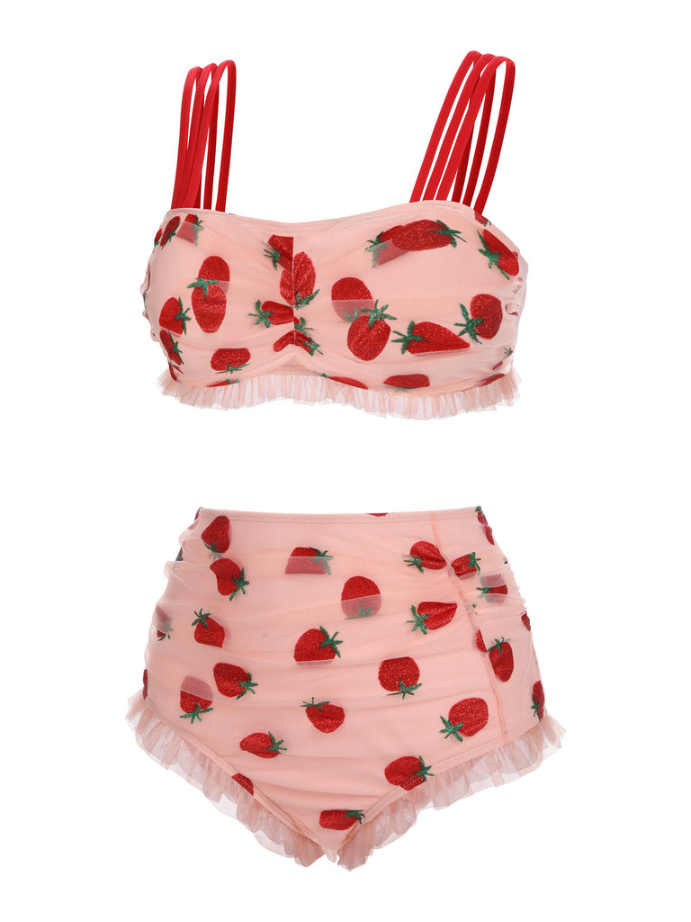 [Übergröße] Rosa 1950er Spitze Erdbeere Bikini Set