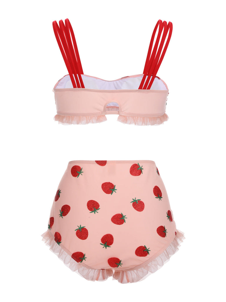 [Übergröße] Rosa 1950er Spitze Erdbeere Bikini Set