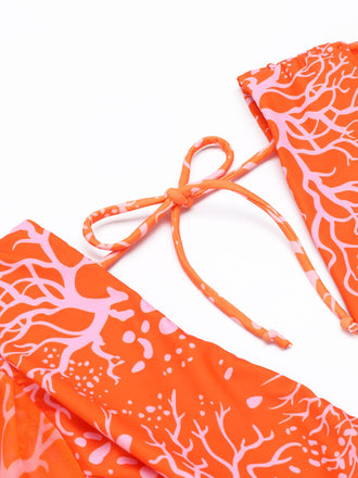 ORANGE BLUMEN-SCHNÜR-EINTEILER-BADEANZUG