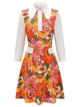 Orange 1960er Revers Blumen Patchwork Kleid
