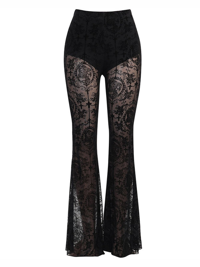 Schwarz 1930er Halloween Spitze mit hoher Taille Schlaghosen