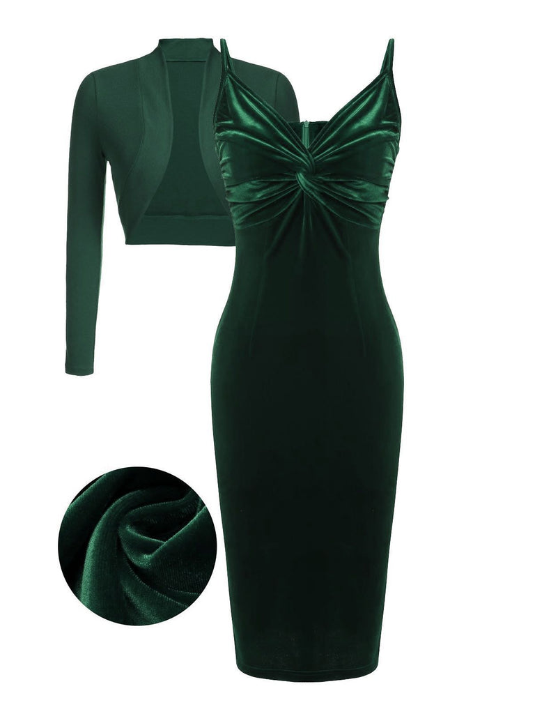 2PCS Grün 1960er Samt Figurbetont Kleid