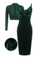 2PCS Grün 1960er Samt Figurbetont Kleid