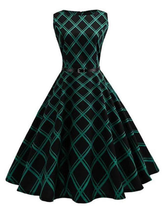 Schwarz & Grün 1950er Plaid Gürtel Swing Kleid