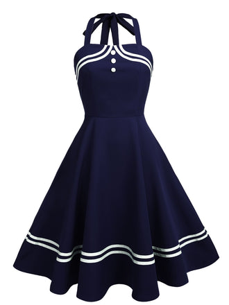 Marineblau 1950er Neckholder Rockabily Swing Kleid
