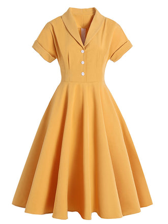 GELB 1950ER KURZARM V-AUSSCHNITT SWING KLEID