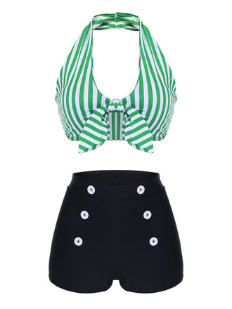 [Übergröße] Grün 1950er Retro Halter Streifen Bikini Set