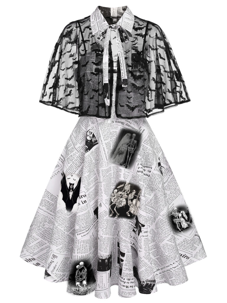 Weiß 1950er Halloween Fledermaus Kap Swing Kleid