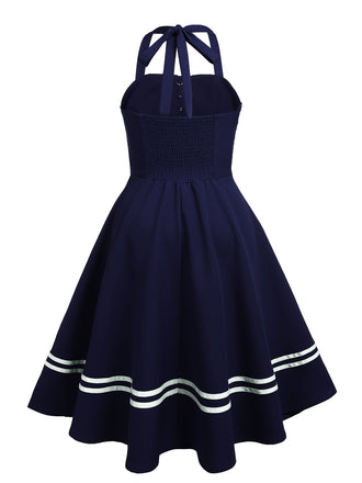 Marineblau 1950er Neckholder Rockabily Swing Kleid