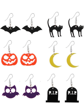 6 Paar Halloween Katze Fledermaus Kürbis Mond Eule Geist Ohrringe Set