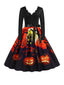 Schwarz 1950er Halloween Kürbis Langarm Kleid