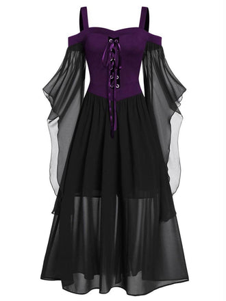 Lila Tiefrot 1950er Halloween Gothic Hexe Transparentes Ärmel Träger Kleid