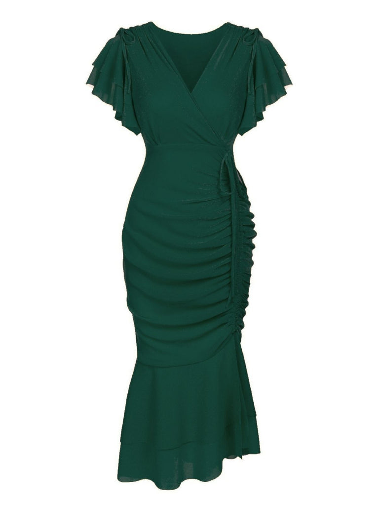 Dunkelgrün 1930er Rüsche Schnürschuh Fischschwanz Kleid