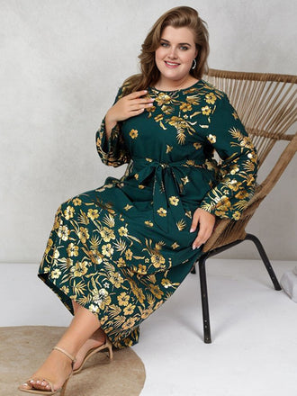 [Übergröße] 1930er Grünes geblümtes Kleid mit langen Ärmeln und Gürtel