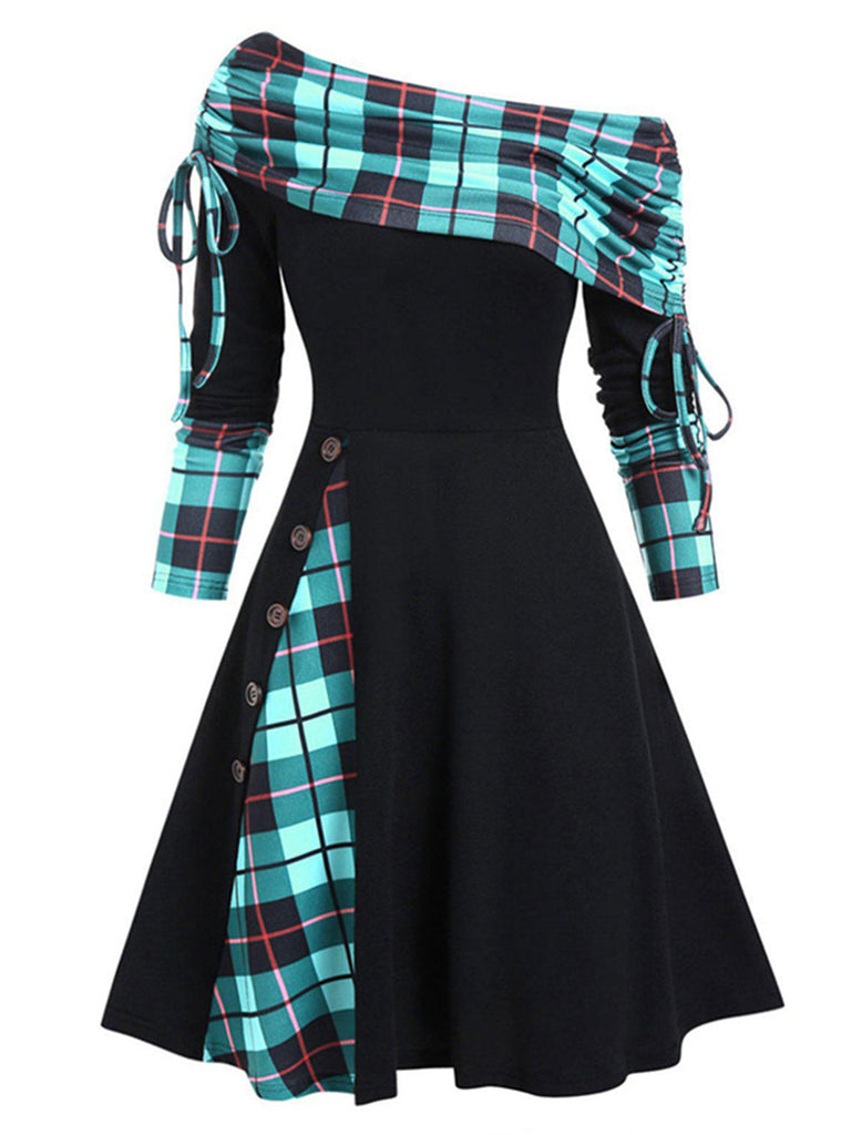 1950er Plaid Patchwork Schnürschuh Schulterfrei Kleid