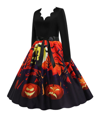 Schwarz 1950er Halloween Kürbis Langarm Kleid