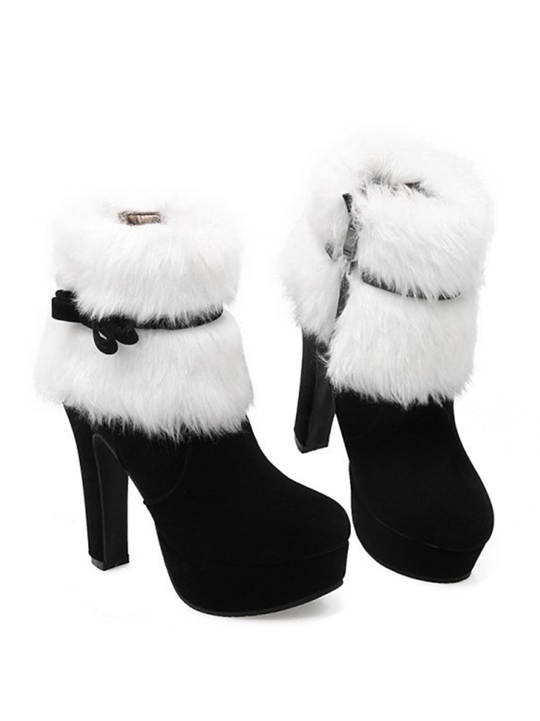 Schwarz Retro Weihnachten Kurz Plüsch Hoher Absatz Schuhe