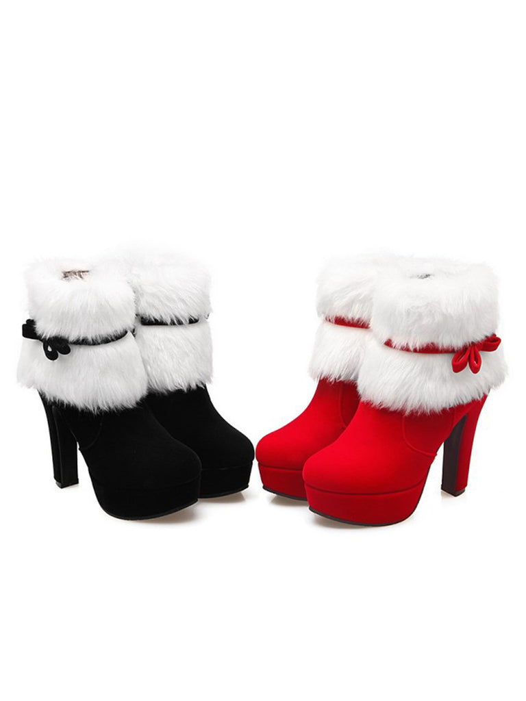 Schwarz Retro Weihnachten Kurz Plüsch Hoher Absatz Schuhe