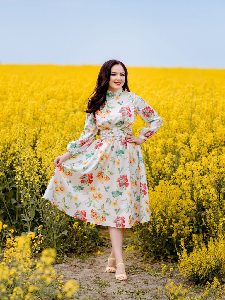 1930ER LANGÄRMLIGES SWING KLEID MIT BLUMEN