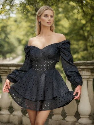 Schwarzes 1960er Kleid mit Puffärmeln