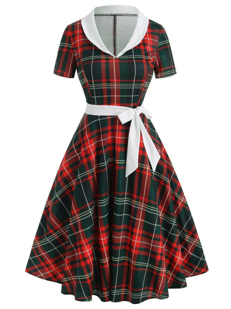 1950ER PLAID BOW KURZARM SWING KLEID