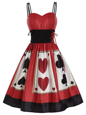 [Vorverkauf] Rot 1950er Alice im Wunderland Herzkönigin Spaghettiträger Kleid