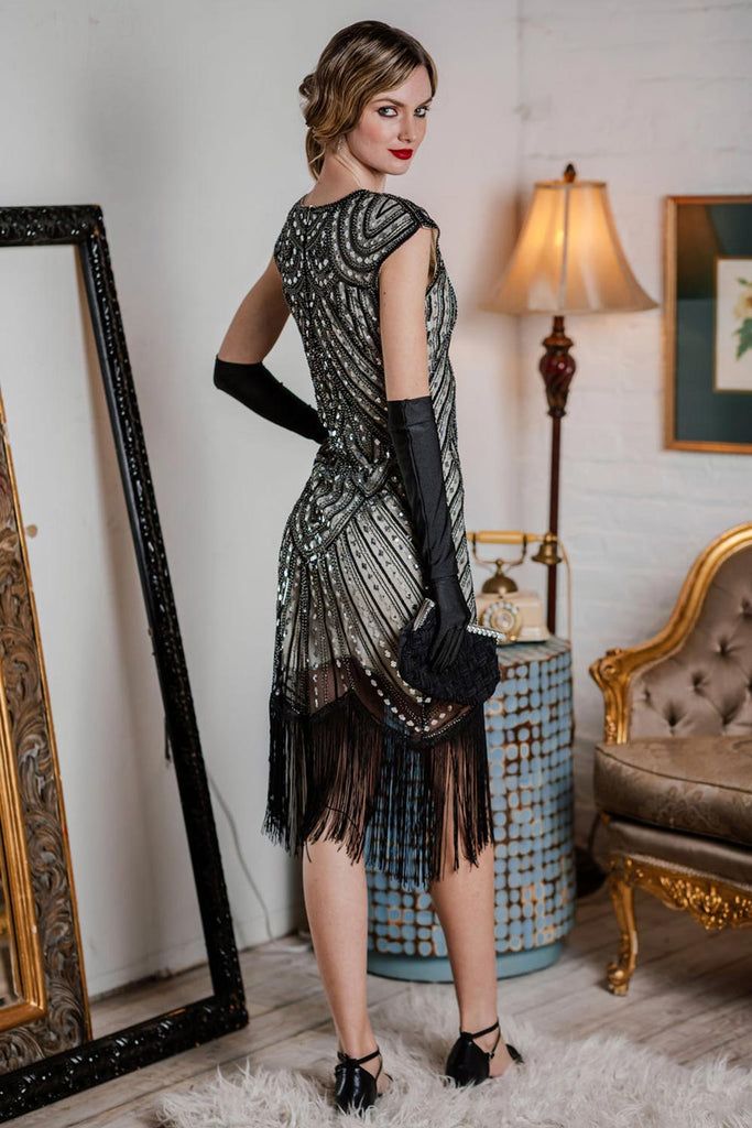 HELLGRAU 1920ER PAILLETTEN FRANSEN FLAPPER KLEID