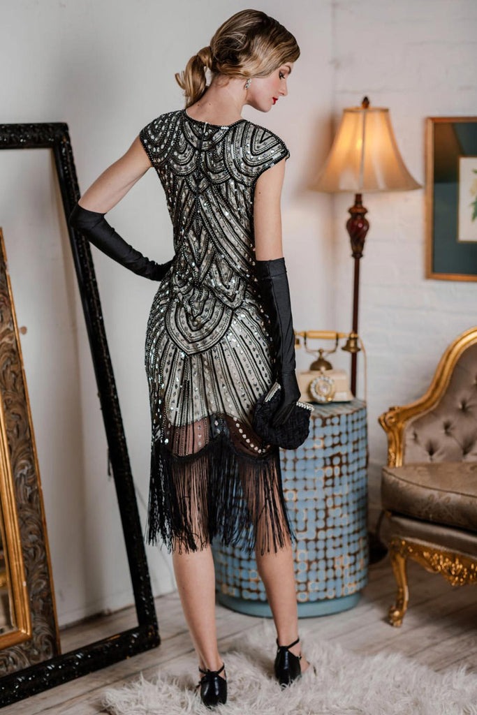 HELLGRAU 1920ER PAILLETTEN FRANSEN FLAPPER KLEID
