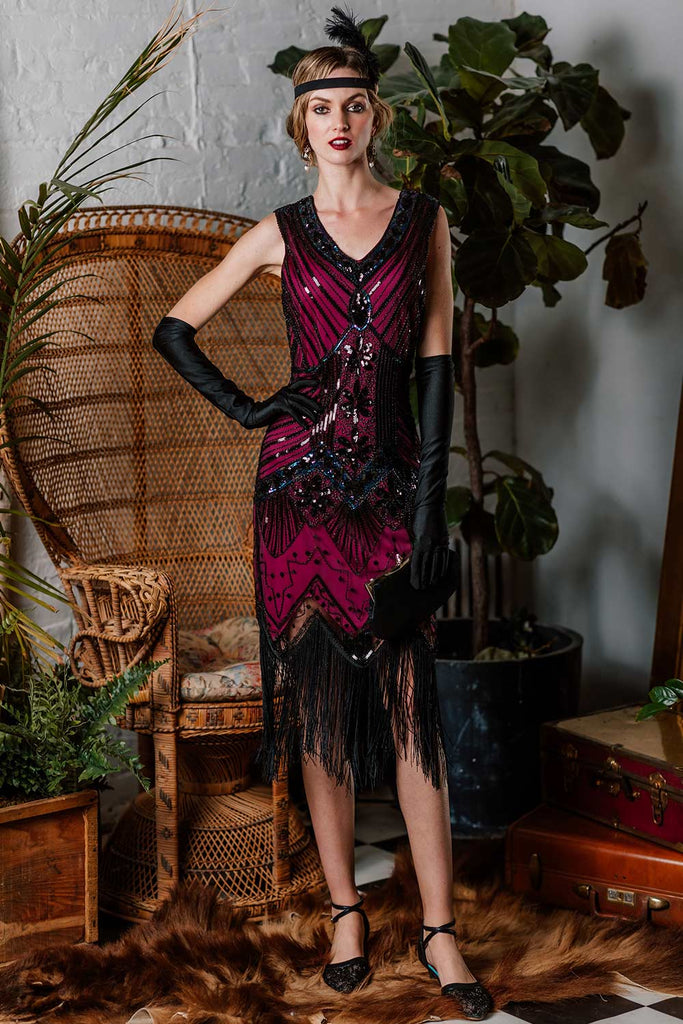 ROT 1920ER PERLEN PAILLETTEN FRANSEN FLAPPER KLEID