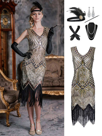 2PCS Top Seller Champagner 1920er Kleid & Schmuck