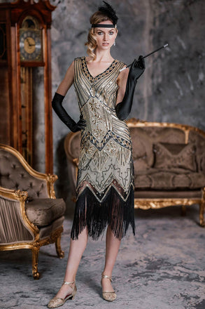 CHAMPAGNER 1920ER PERLEN FRANSE FLAPPER KLEID