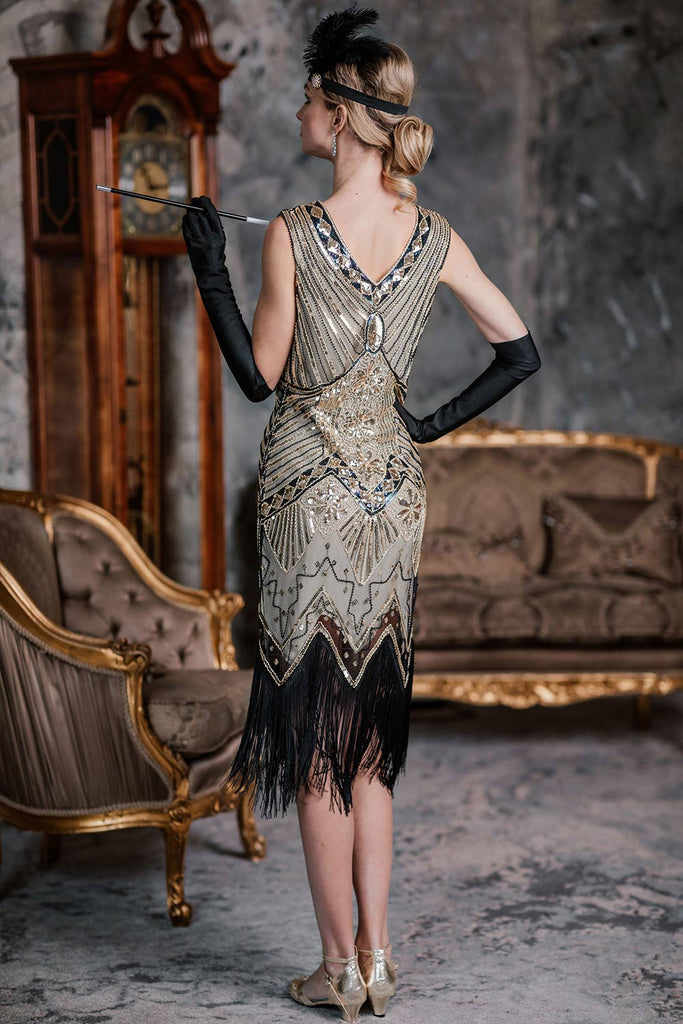 DUNKELGRÜN 1920ER VINTAGE PAILLETTEN FRANSE FLAPPER KLEID