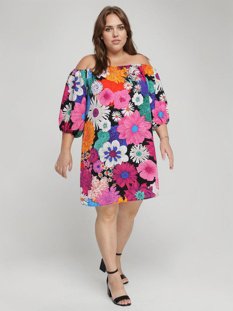 [Übergröße] Multicolor 1960er Blumenmuster Schulterfreies Kleid