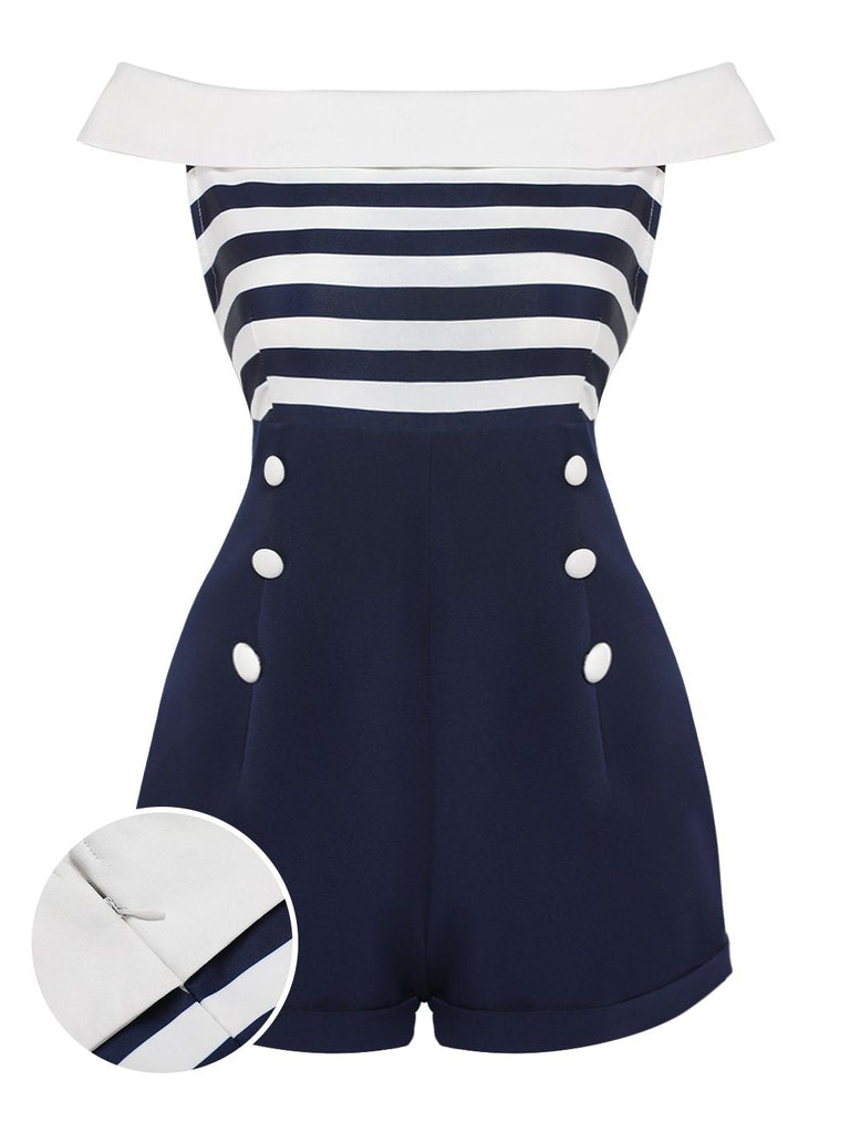 Marineblau 1950er Patchwork Schulterfrei Gestreift Romper-with-detail