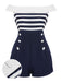 Marineblau 1950er Patchwork Schulterfrei Gestreift Romper-with-detail