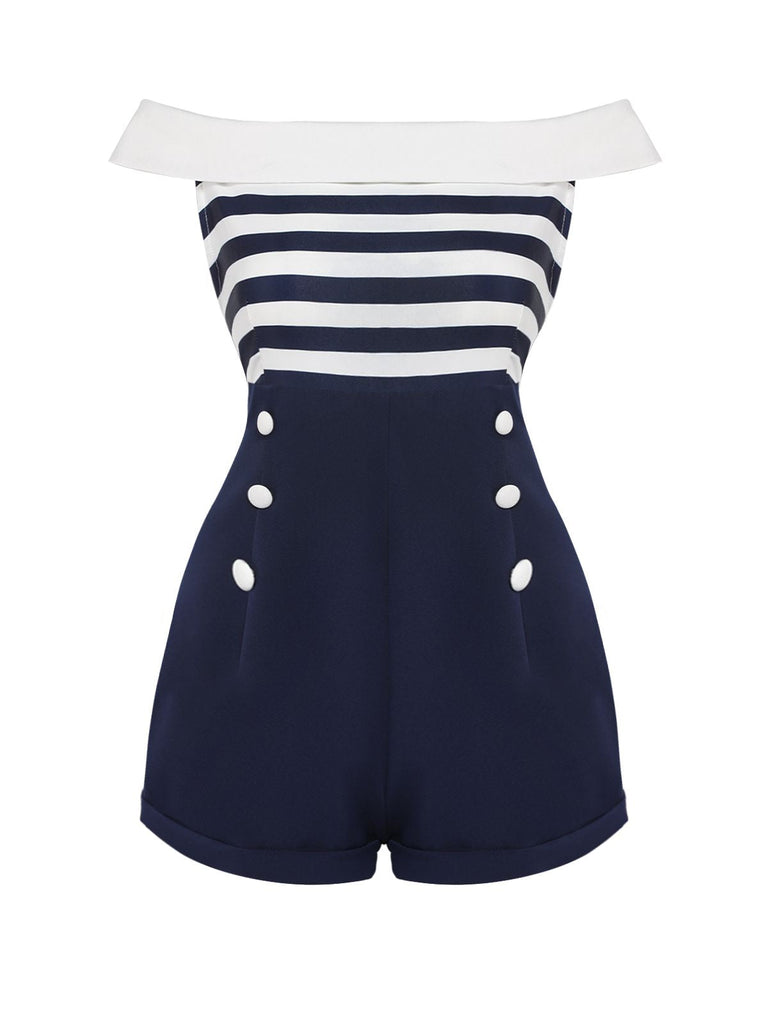 Marineblau 1950er Patchwork Schulterfrei Gestreift Romper