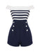 Marineblau 1950er Patchwork Schulterfrei Gestreift Romper