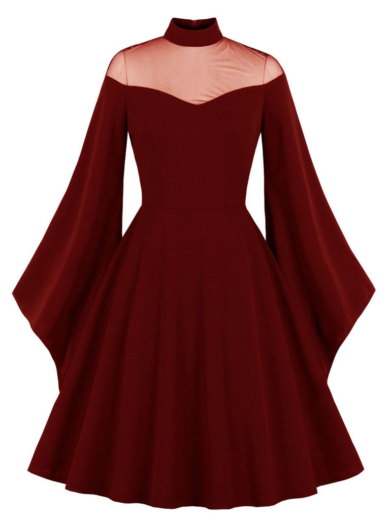 1950er Solide Gothic Hexen Vampir Engelsärmel Swing Kleid