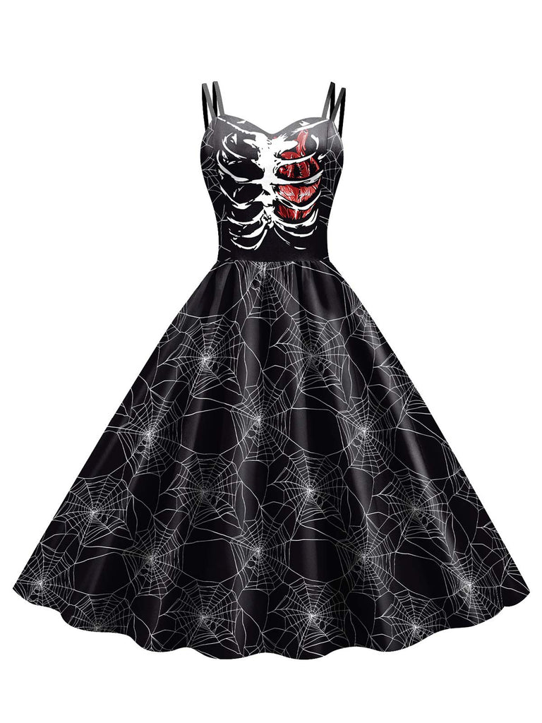 Schwarzes 1950er Halloween Spaghetti Strap Spiderweb Kleid