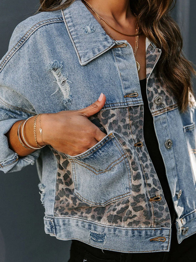 Blau Jeansjacke Oberteil Mit Leopardenmuster