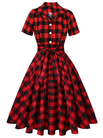 Rot 1950er Plaid Bogen Swing Kleid