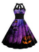 Helles lila 1950er Halloween Spinnennetz Halter Kleid